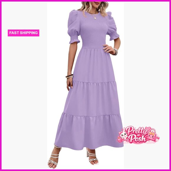 Polyester Elastane Smocked Maxi Dress with Ruffle Sleeves